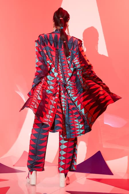 Shop Esha L Amin Multi Color Viscose, Crepe Embroidery Coachella Geometric Print Trench Jacket at Aza Fashions Shop_Esha L Amin_Multi Color Viscose, Crepe Embroidery Coachella Geometric Print Trench Jacket _at_Aza_Fashions