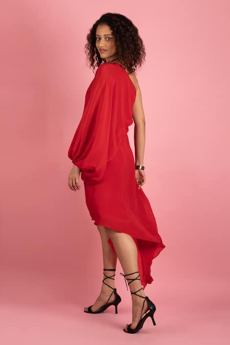 Shop_Style Junkiie_Red Crepe One Shoulder Midi Dress _at_Aza_Fashions