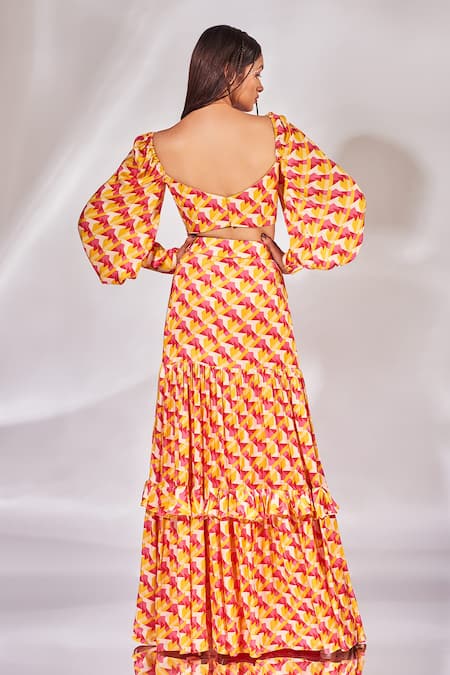 Shop_Senren By Eshana Raut_Pink Crepe Square Neck Geometric Print Crop Top And Skirt Set _at_Aza_Fashions