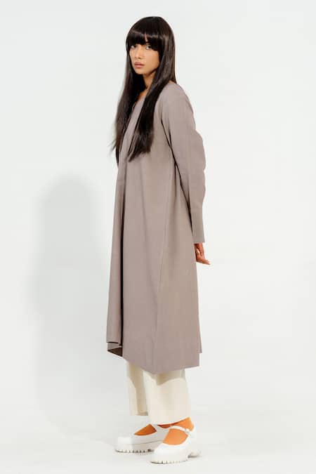 Shop_Stoique_Grey Cotton Applique V-neck Cinnamon Work Asymmetric Hem Tunic _at_Aza_Fashions