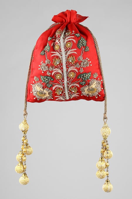 Shop ClutcH'D Red Embroidery Silk Potli Bag at Aza Fashions Shop_ClutcH'D_Red Embroidery Silk Potli Bag _at_Aza_Fashions