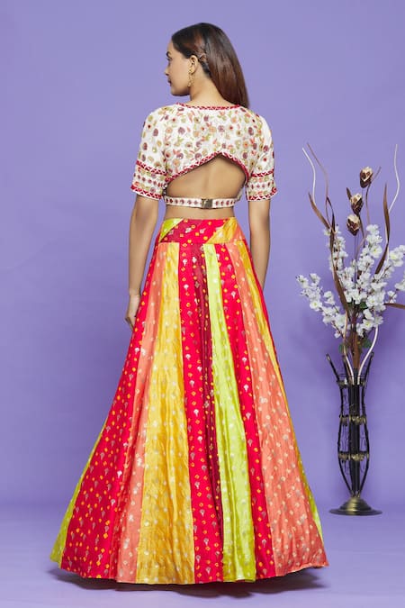 Shop_Neha Mehta Couture_Multi Color Pure Bandhani Thread, Sequin And Woven Embroidered Blouse & Lehenga _at_Aza_Fashions