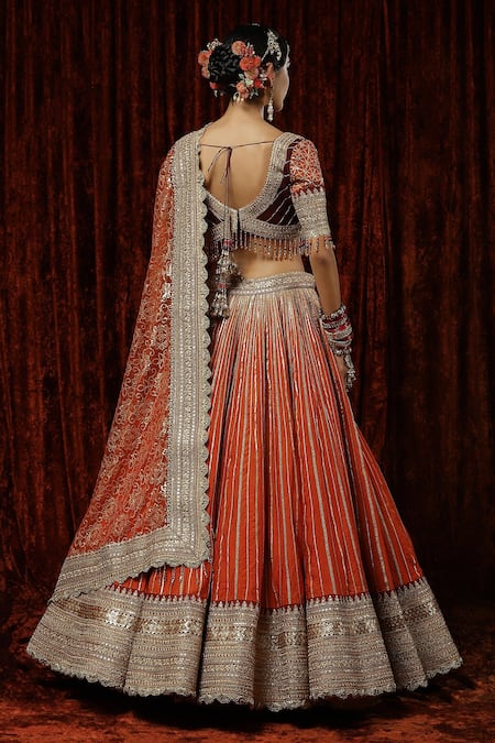 Shop Shikhar Sharma Orange Lehenga And Blouse Silk Chanderi Embroidered Gota Sunset Bridal Set at Aza Fashions Shop_Shikhar Sharma_Orange Lehenga And Blouse Silk Chanderi Embroidered Gota Sunset Bridal Set _at_Aza_Fashions