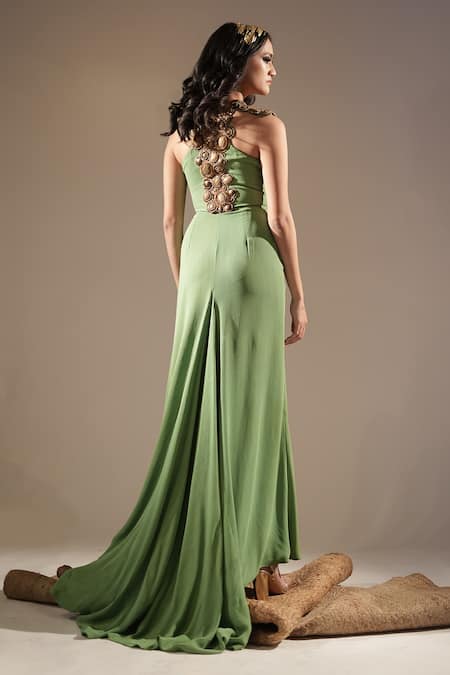Shop_Nikita Mhaisalkar_Green Lurex Embroidery V-neck Embellished Yoke Trail Gown _at_Aza_Fashions