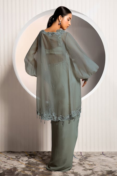 Shop_Jade By Ashima_Grey Organza, Crepe Mirrors, Embroidery V-neck, Open Cuff Shrug Draped Skirt Set _at_Aza_Fashions