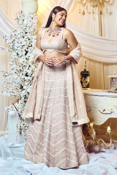 Shop Varun Chakkilam Beige Silk Organza Sequins, Beads Chevron Embroidered Bridal Lehenga Set at Aza Fashions Shop_Varun Chakkilam_Beige Silk Organza Sequins, Beads Chevron Embroidered Bridal Lehenga Set _at_Aza_Fashions