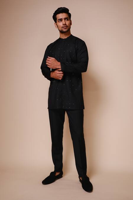 Shop Tisa - Men Black Terry Rayon Embroidered Cut Dana Work Kurta Set at Aza Fashions Shop_Tisa - Men_Black Terry Rayon Embroidered Cut Dana Work Kurta Set_at_Aza_Fashions