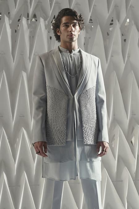Shop_Rohit Gandhi + Rahul Khanna_Blue Crepe Embroidery Metallic Rings Arris Layered Jacket _at_Aza_Fashions