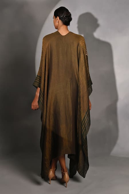 Shop_Jyoti Sachdev Iyer_Green Cupro And Pashmina Foil Cape V Neck & Jumpsuit Round & Set _at_Aza_Fashions