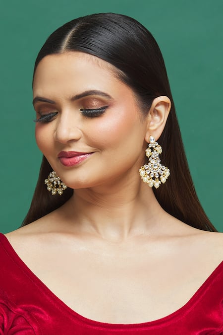 Shop Our Purple Studio White Beads Kundan Studded Dangler Earrings at Aza Fashions Shop_Our Purple Studio_White Beads Kundan Studded Dangler Earrings _at_Aza_Fashions
