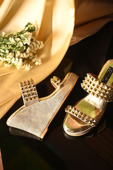 Shop_Miraki_Gold Embellished Stud Wedges _at_Aza_Fashions