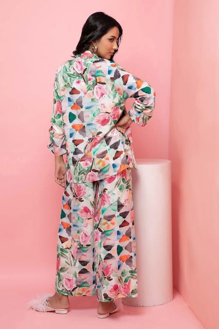 Rhe-Ana Pastel Floral Print Blazer Shirt & Pant Co-ord Set 