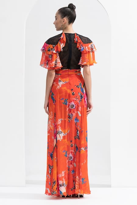 Mandira Wirk Resort Red Chiffon Ruffles Round Neck Garden Print Front Slit Gown Online at Aza Fashions Mandira Wirk Resort_Red Chiffon Ruffles Round Neck Garden Print Front Slit Gown _Online_at_Aza_Fashions