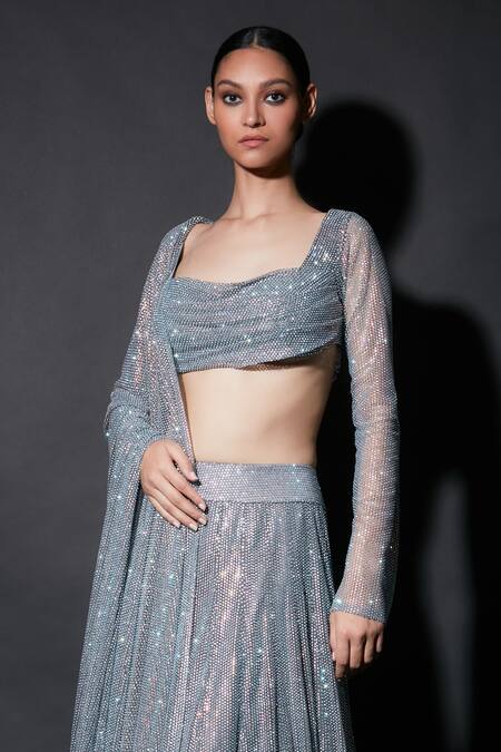 Itrh Grey Net Embellishment Crystal Square Neck Inara Lehenga Set 2