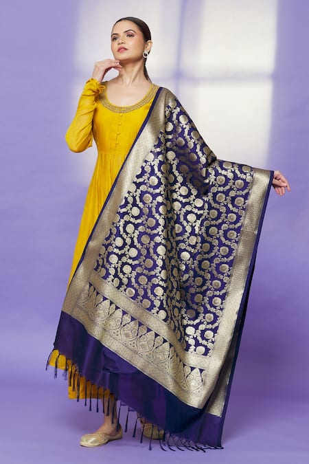 Shop_Naintara Bajaj_Navy Brocade Zari, Fringe Banarasi Art Silk Floral Woven Dupatta _at_Aza_Fashions