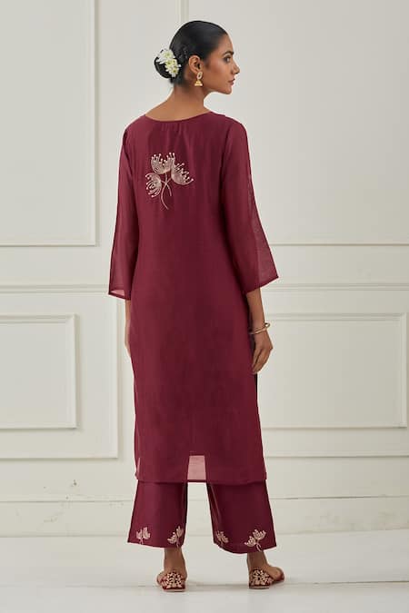 Shop Kamaltaas Maroon Chanderi Silk, Lining Mulmul Gota, Floral Motifs Embroidered Kurta Set at Aza Fashions Shop_Kamaltaas_Maroon Chanderi Silk, Lining Mulmul Gota, Floral Motifs Embroidered Kurta Set _at_Aza_Fashions