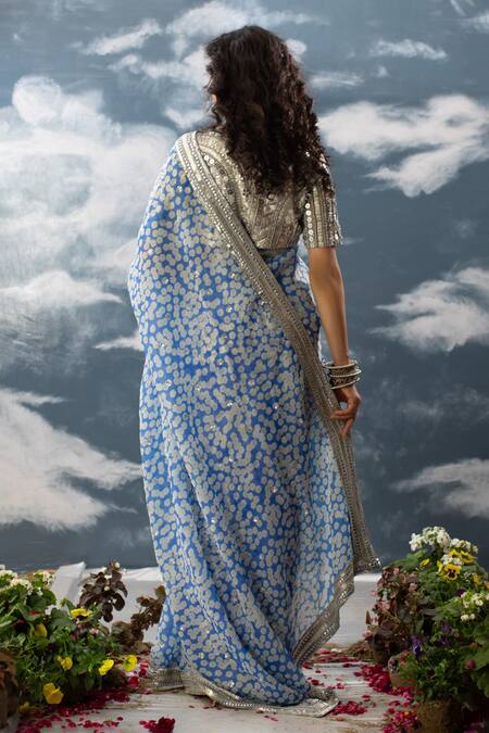 SAKSHAM & NEHARICKA Blue Organza Printed And Hand Embroidered Floral Chaahat Saree  2