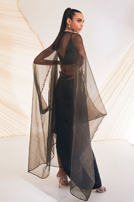 Shop Divya Aggarwal Black Satin Crystals, Cut Work, Sequins Viven Hand Embroidered Cape Skirt Set at Aza Fashions Shop_Divya Aggarwal_Black Satin Crystals, Cut Work, Sequins Viven Hand Embroidered Cape Skirt Set _at_Aza_Fashions
