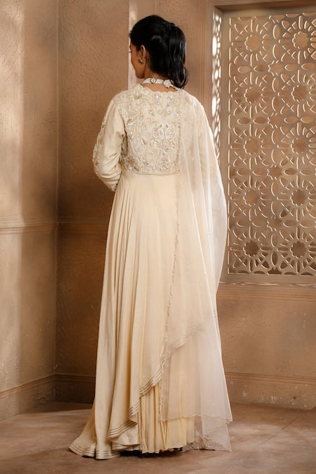 Shop Omana By Ranjana Bothra Ivory Silk, Chiffon, Organza Embroidery, Cut Asymmetric Anarkali Sharara Set at Aza Fashions Shop_Omana By Ranjana Bothra_Ivory Silk, Chiffon, Organza Embroidery, Cut Asymmetric Anarkali Sharara Set _at_Aza_Fashions
