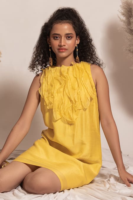Shop Vanshika Agarwal Label Yellow Organza, Brs, Lining Taffeta Round Neck Kara Ruffle Dress at Aza Fashions Shop_Vanshika Agarwal Label_Yellow Organza, Brs, Lining Taffeta Round Neck Kara Ruffle Dress _at_Aza_Fashions