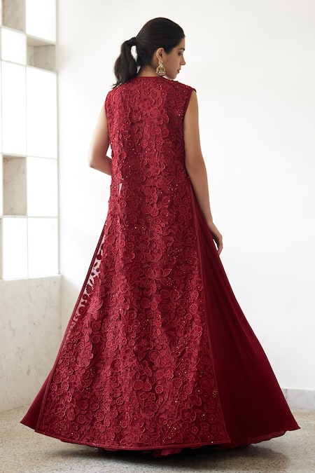 Shop_Mishru_Red Organza Embroidery Round Neck Ember 3d Floral Jacket Lehenga Set _at_Aza_Fashions