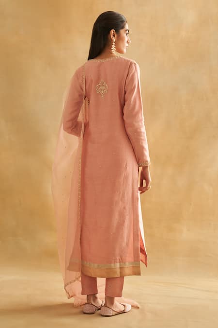 Shop Taisha Pink Chanderi Cotton, Silk Organza Pearls Split Embellished Kurta Churidar Set at Aza Fashions Shop_Taisha_Pink Chanderi Cotton, Silk Organza Pearls Split Embellished Kurta Churidar Set _at_Aza_Fashions