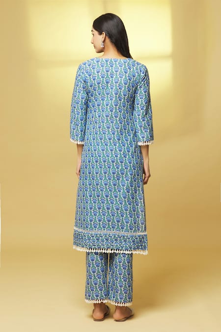 Shop Kalakaari By Sagarika Blue Cotton Lace Split V-neck Tulip Bloom Print Kurta With Pant at Aza Fashions Shop_Kalakaari By Sagarika_Blue Cotton Lace Split V-neck Tulip Bloom Print Kurta With Pant _at_Aza_Fashions