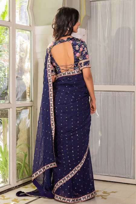 Shop Suruchi Parakh Blue Georgette, Organza Sequins, Embroidery, Tassels V-neck Saree With Blouse at Aza Fashions Shop_Suruchi Parakh_Blue Georgette, Organza Sequins, Embroidery, Tassels V-neck Saree With Blouse _at_Aza_Fashions