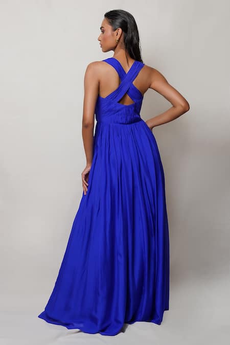 Shop Pinup By Astha Blue Pure Flat Chiffon Lining Butter Crepe Sweetheart Neckline Front Slit Gown at Aza Fashions Shop_Pinup By Astha_Blue Pure Flat Chiffon Lining Butter Crepe Sweetheart Neckline Front Slit Gown _at_Aza_Fashions
