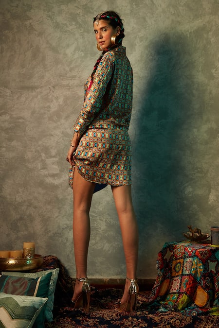 Shop_Esha L Amin_Blue Modal, Satin Collared Small Square Print Shirt Dress _at_Aza_Fashions