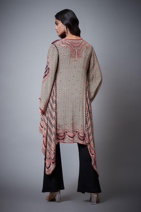 Shop RI.Ritu Kumar Black Rayon Crepe Print And Embroidery Jamawar Notched Malisha Kurti at Aza Fashions Shop_RI.Ritu Kumar_Black Rayon Crepe Print And Embroidery Jamawar Notched Malisha Kurti_at_Aza_Fashions