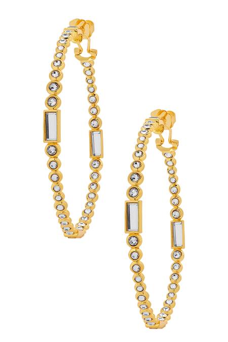 Buy Isharya Gold Plated Cubic Zirconia And Baguette Hand-cut Polki Mirrors Embellished Hoops at Aza Fashions Buy_Isharya_Gold Plated Cubic Zirconia And Baguette Hand-cut Polki Mirrors Embellished Hoops_at_Aza_Fashions