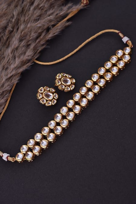SWABHIMANN_Gold Plated Diamonds Geometric Shaped Choker Set _Online_at_Aza_Fashions