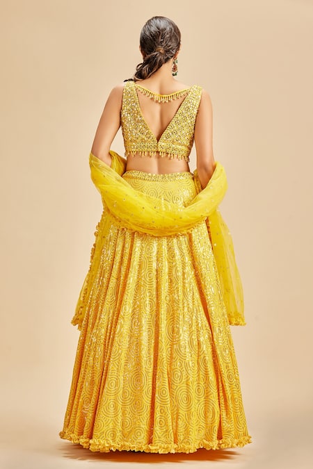 Shop Nitika Gujral Yellow Blouse And Dupatta Net & Lehenga Georgette Geometric Pattern Set at Aza Fashions Shop_Nitika Gujral_Yellow Blouse And Dupatta Net & Lehenga Georgette Geometric Pattern Set _at_Aza_Fashions