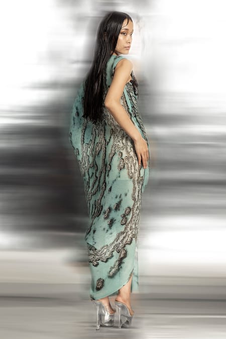 Shop Abhishek Sharma Green Polyester Embroidery V-neck Reef Print Front Cowl Dress at Aza Fashions Shop_Abhishek Sharma_Green Polyester Embroidery V-neck Reef Print Front Cowl Dress _at_Aza_Fashions