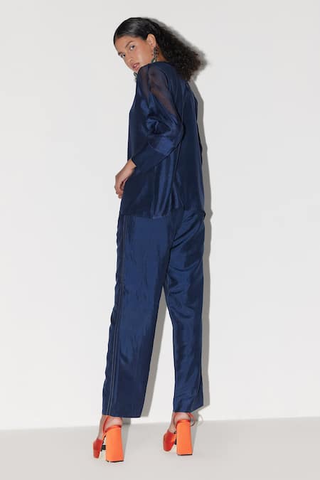 Shop Febo6 Blue Silk Embroidery Solid Trouser at Aza Fashions Shop_Febo6_Blue Silk Embroidery Solid Trouser _at_Aza_Fashions