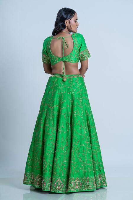 Shop_Nautanky_Green Silk, Organza Embroidery Sweetheart Neck Raw Lehenga Set _at_Aza_Fashions