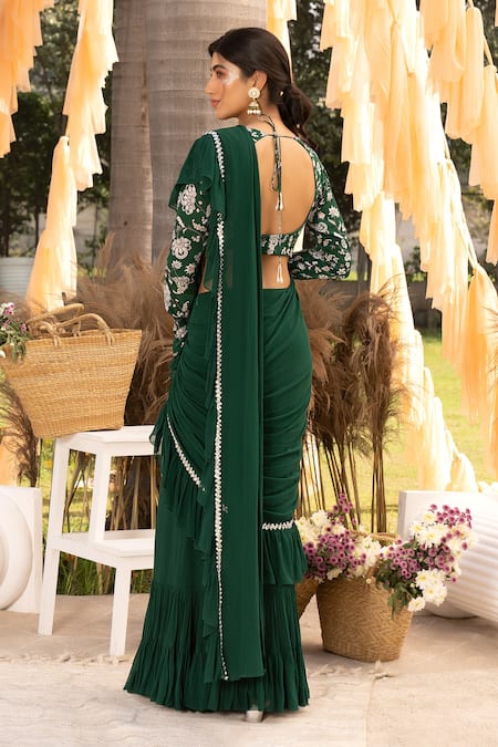 Shop Chhavvi Aggarwal Green Crepe, Georgette Embroidery, Sequins, Beads Pre-draped Saree With Blouse at Aza Fashions Shop_Chhavvi Aggarwal_Green Crepe, Georgette Embroidery, Sequins, Beads Pre-draped Saree With Blouse _at_Aza_Fashions