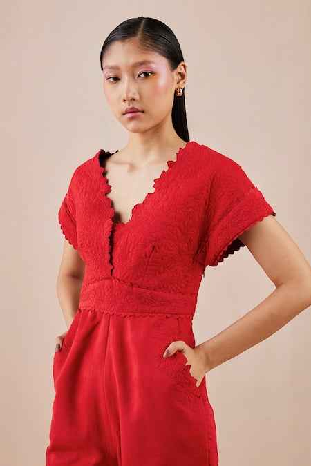 Red sales suede jumpsuit