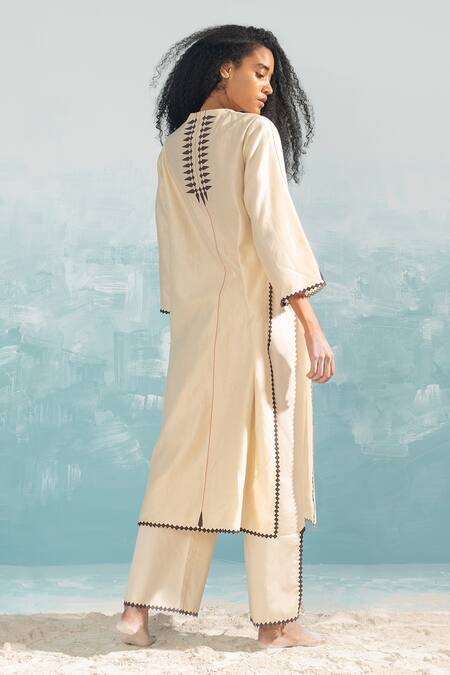 Shop_Ikai By Ragini Ahuja_Beige 100% Cotton Embroidery Applique And Cutwork Nile Slit Pant  _at_Aza_Fashions