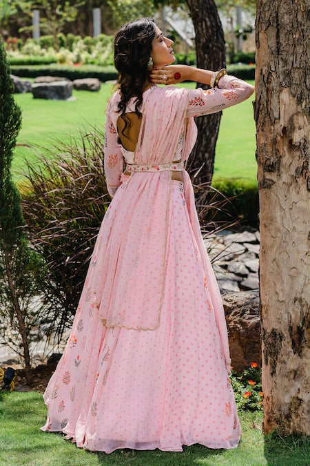 Shop Redpine Designs Pink Viscose, Georgette, Crepe And Floral Print Lehenga Set With Belt at Aza Fashions Shop_Redpine Designs_Pink Viscose, Georgette, Crepe And Floral Print Lehenga Set With Belt _at_Aza_Fashions