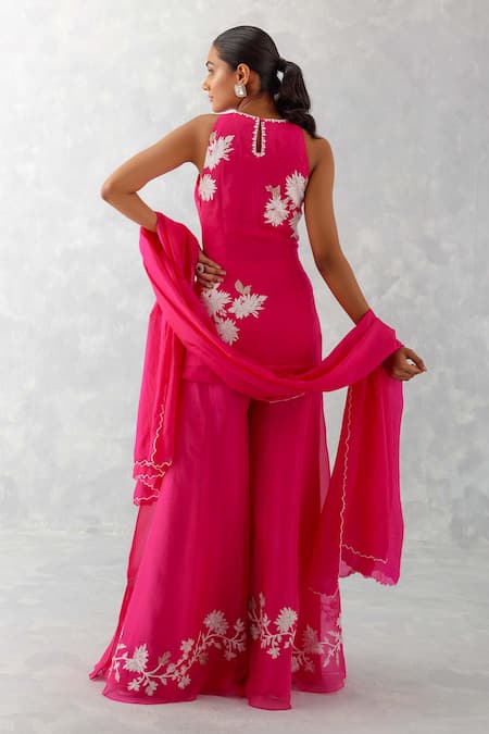 Shop_Devnaagri_Fuchsia Organza And Tabby Embroidery Floral Short Kurta Sharara Set _at_Aza_Fashions