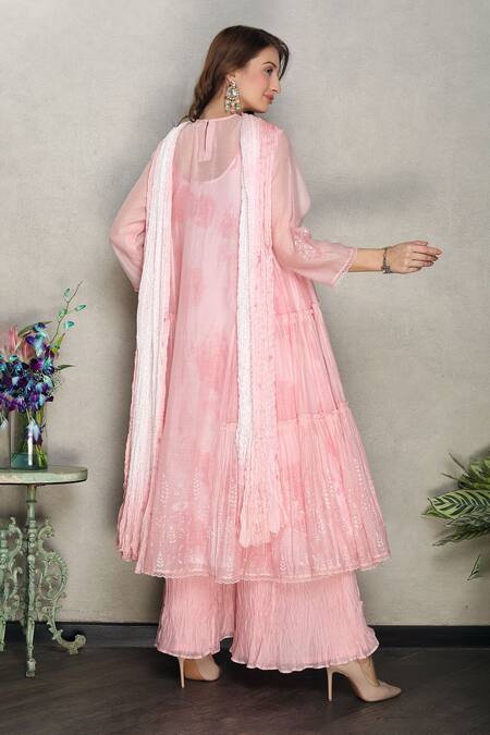 Shop_Falguni.Foram_Pink Kurta And Sharara Silk Chanderi Embroidery Thread V Tiered Kalidar Set _at_Aza_Fashions