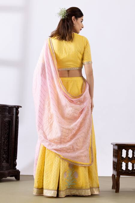 Shop_Abbaran_Yellow Chanderi Embroidery, Gota Patti V-neck Lehenga Set _at_Aza_Fashions