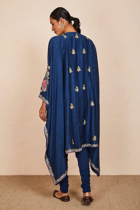 Shop_Sue Mue_Blue Tussar, Georgette, Lycra Embroidery Round Neck Navya Floral Kaftan Set _at_Aza_Fashions