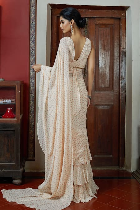Shop Arpita Mehta Off White Polka Print Pre-draped Saree With Blouse at Aza Fashions Shop_Arpita Mehta_Off White Polka Print Pre-draped Saree With Blouse _at_Aza_Fashions