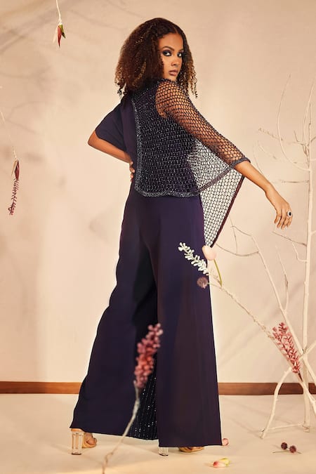Shop_Babita Malkani_Purple Crepe Crystals V-neck Embroidered Jumpsuit _at_Aza_Fashions
