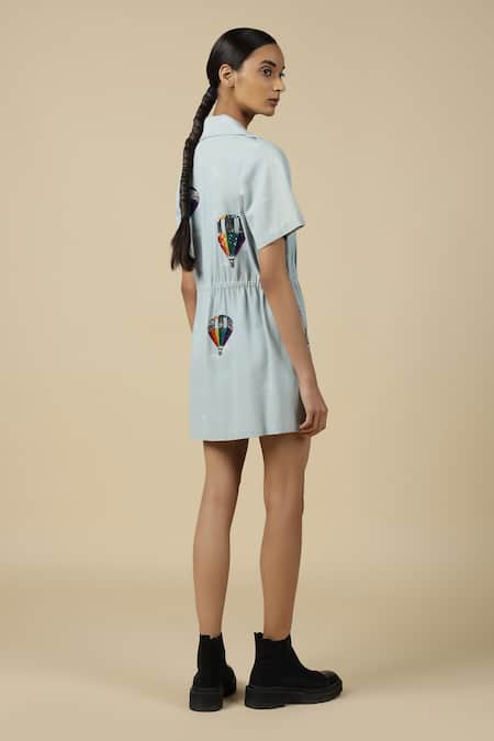 Shop Shahin Mannan Blue Denim Embroidery Collared Colorful Air Balloons Summer Coat Dress at Aza Fashions Shop_Shahin Mannan_Blue Denim Embroidery Collared Colorful Air Balloons Summer Coat Dress _at_Aza_Fashions