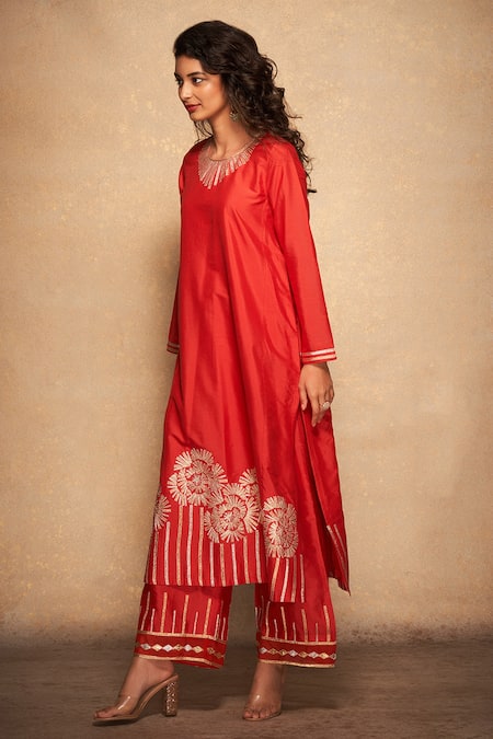 Shop_Gulabo By Abu Sandeep_Red 100% Pure Chanderi Silk Embellished Gota Hem Straight Pant _at_Aza_Fashions