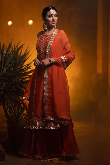 Shop Leela By A Orange Organza, Chanderi Chevron, Gota, Sleeveless Embroidered Kurta Palazzo Set at Aza Fashions Shop_Leela By A_Orange Organza, Chanderi Chevron, Gota, Sleeveless Embroidered Kurta Palazzo Set _at_Aza_Fashions
